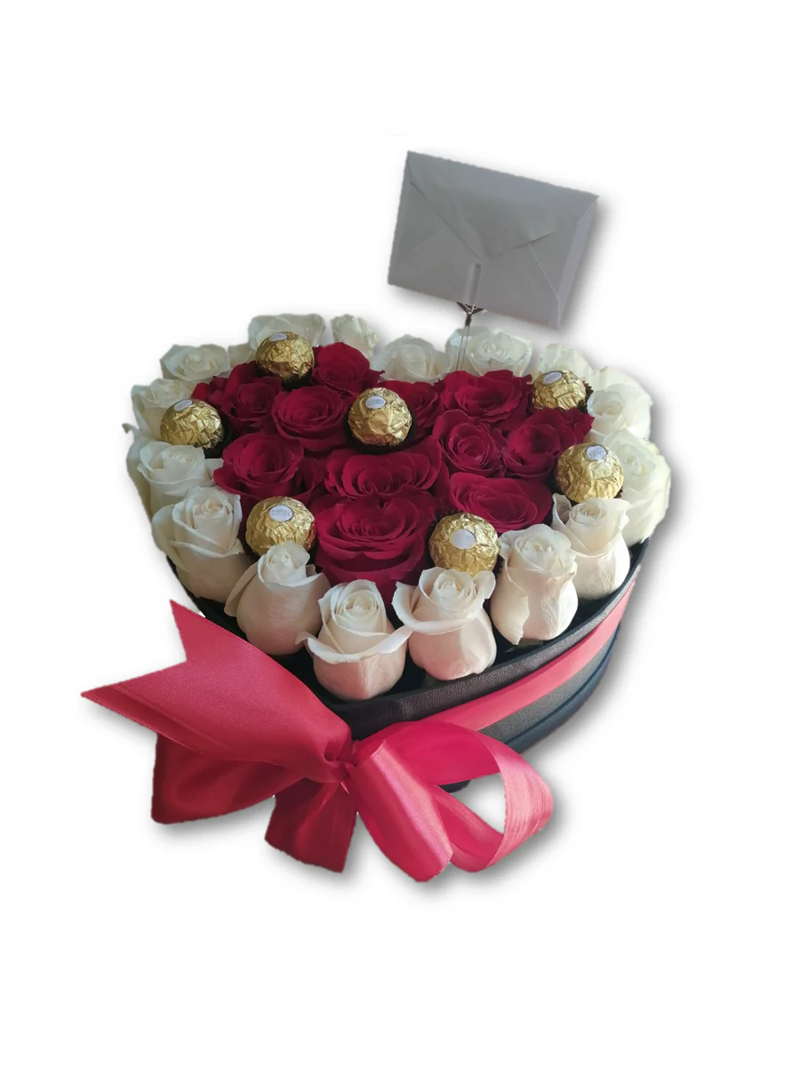 Corazón 30 Rosas Ecuatorianas Bicolor con Ferrero Rocher