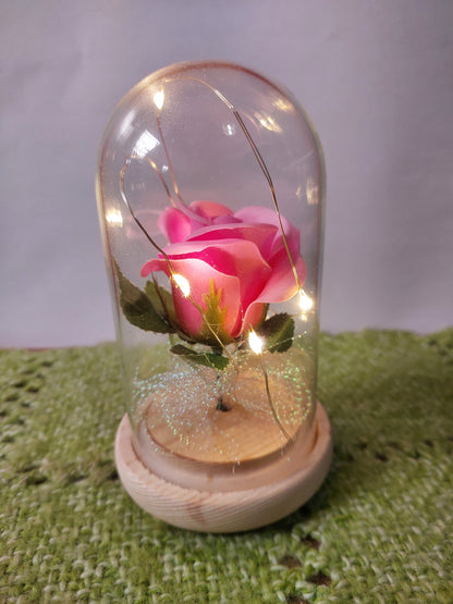 Rosa de Jabón en Cúpula de Cristal - Rosa Rosada con Luces