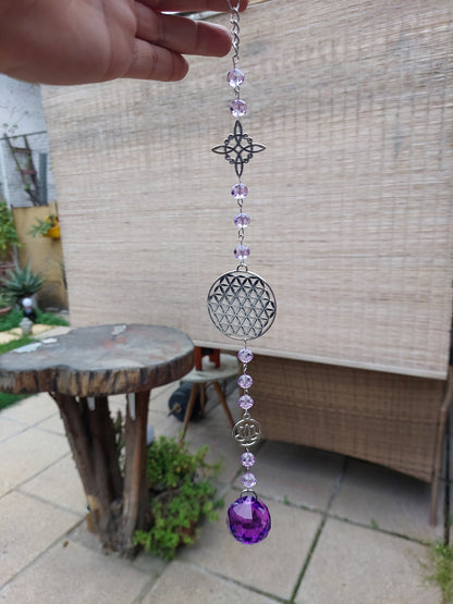Atrapasol Prisma de Cristal Morado - Flor de la Vida y Flor de Loto