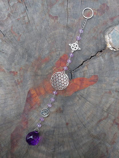 Atrapasol Prisma de Cristal Morado - Flor de la Vida y Flor de Loto