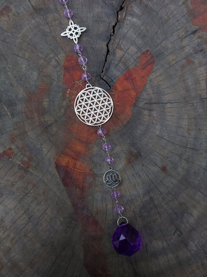 Atrapasol Prisma de Cristal Morado - Flor de la Vida y Flor de Loto