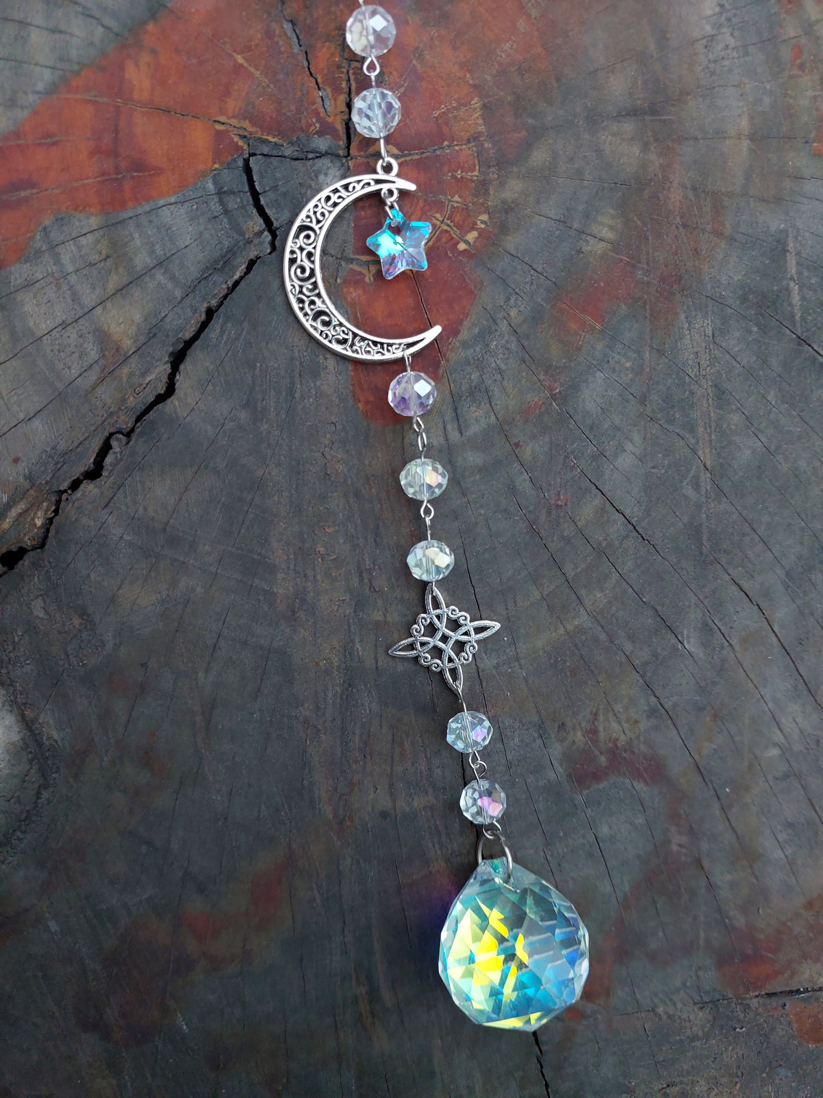 Atrapasol Prisma de Cristal Color Agua - Luna, Estrella y Corazón