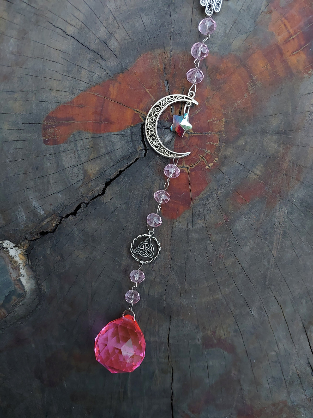 Atrapasol Prisma de Cristal Rosado - Luna, Estrella y Mano de Fátima