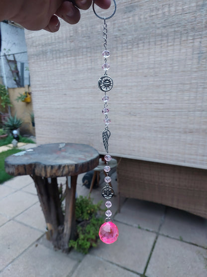Atrapasol Prisma de Cristal Rosado - Sol, Luna y Flor de Loto
