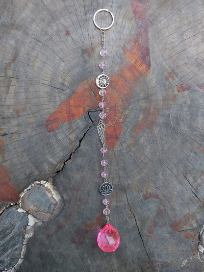 Atrapasol Prisma de Cristal Rosado - Sol, Luna y Flor de Loto