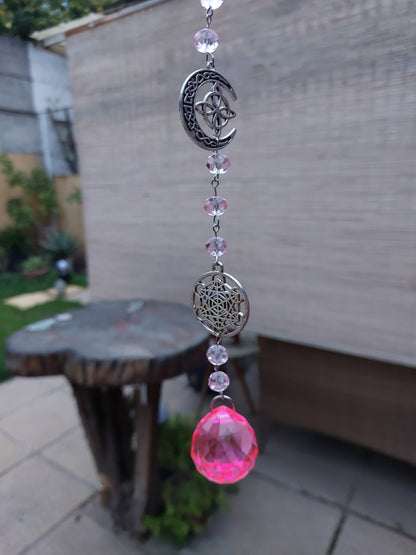 Atrapasol Prisma de Cristal Rosado - Árbol de la vida y Cubo de Metatrón
