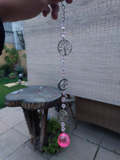 Atrapasol Prisma de Cristal Rosado - Árbol de la vida y Cubo de Metatrón