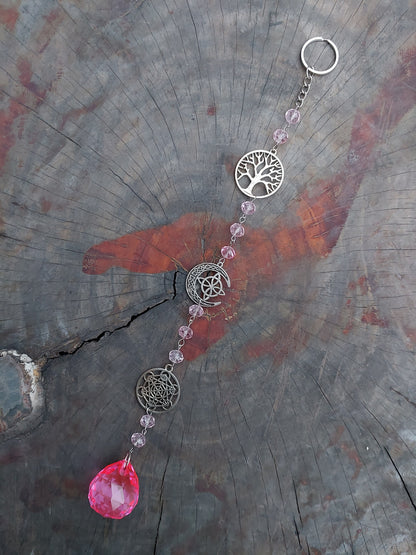 Atrapasol Prisma de Cristal Rosado - Árbol de la vida y Cubo de Metatrón