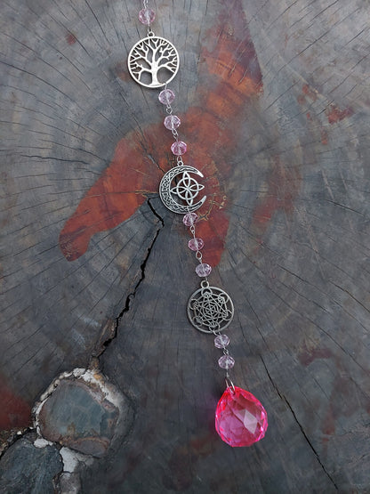 Atrapasol Prisma de Cristal Rosado - Árbol de la vida y Cubo de Metatrón