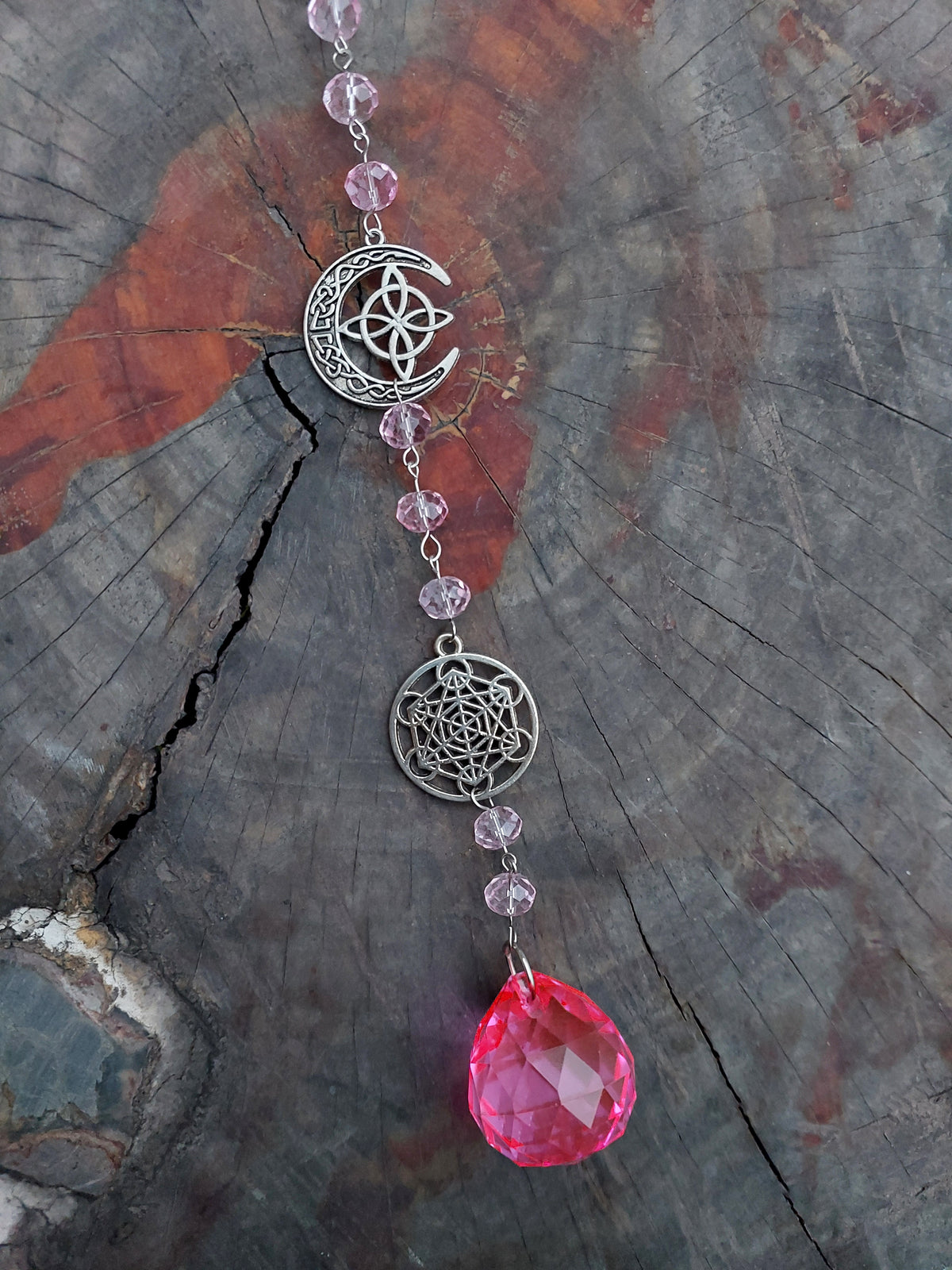 Atrapasol Prisma de Cristal Rosado - Árbol de la vida y Cubo de Metatrón