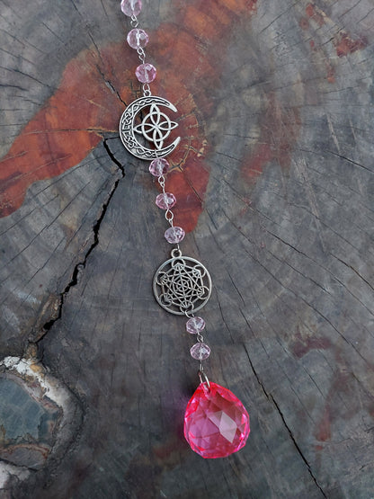 Atrapasol Prisma de Cristal Rosado - Árbol de la vida y Cubo de Metatrón