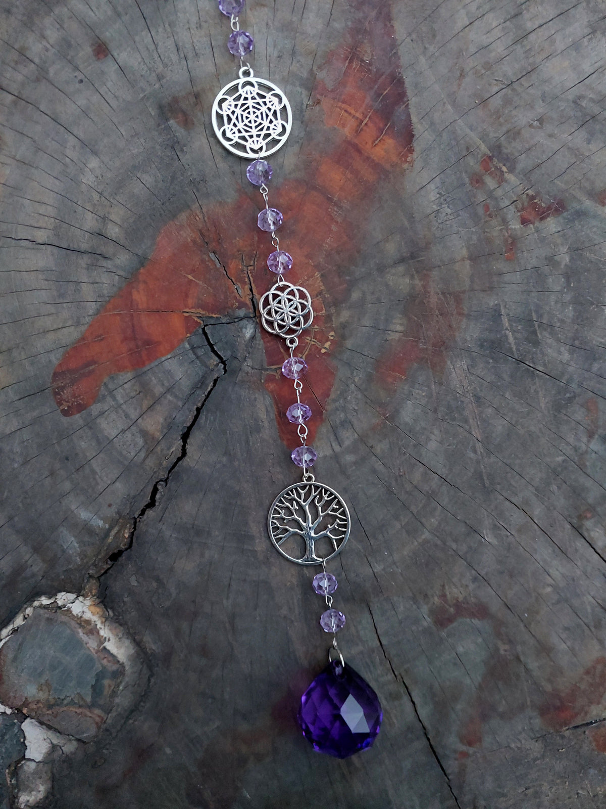 Atrapasol Prisma de Cristal Morado - Árbol de la vida y Cubo de Metatrón