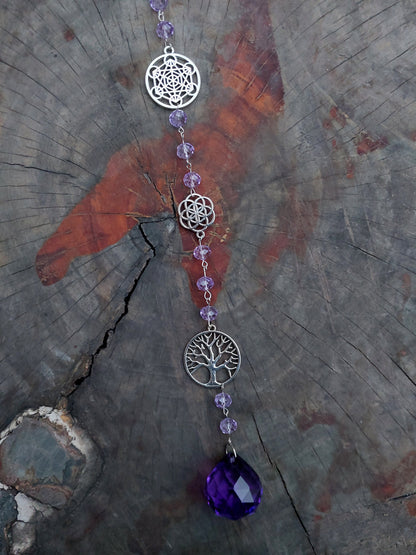 Atrapasol Prisma de Cristal Morado - Árbol de la vida y Cubo de Metatrón