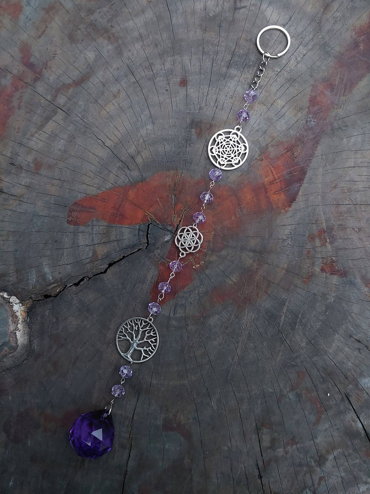 Atrapasol Prisma de Cristal Morado - Árbol de la vida y Cubo de Metatrón