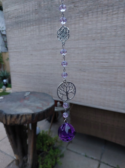 Atrapasol Prisma de Cristal Morado - Árbol de la vida y Cubo de Metatrón