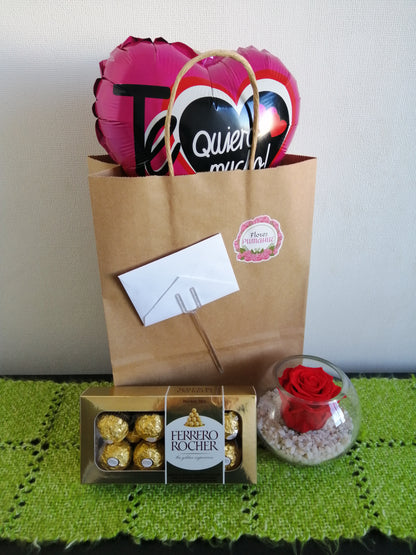 Rosa Roja, Ferrero Rocher y Globo Metalizado - Rosa Natural Preservada