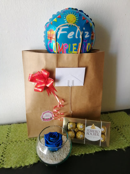 Rosa Azul, Ferrero Rocher y Globo Metalizado - Rosa Natural Preservada